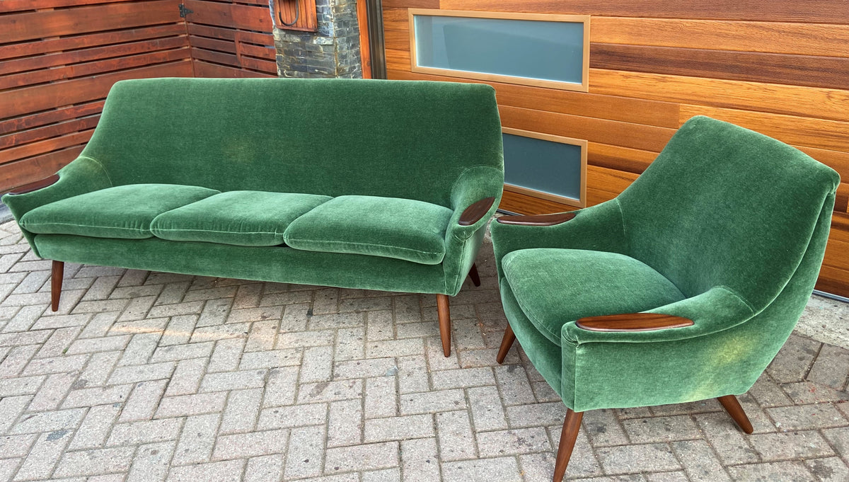 REFINISHED REUPHOLSTERED in wool mohair Danish MCM Teak Sofa & Lounge Chair, PERFECT