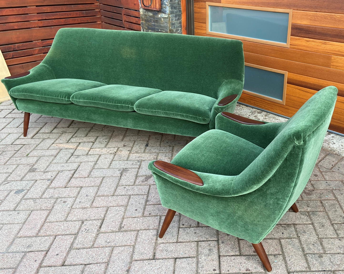 REFINISHED REUPHOLSTERED in wool mohair Danish MCM Teak Sofa & Lounge Chair, PERFECT