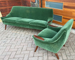 REFINISHED REUPHOLSTERED in wool mohair Danish MCM Teak Sofa & Lounge Chair, PERFECT 3