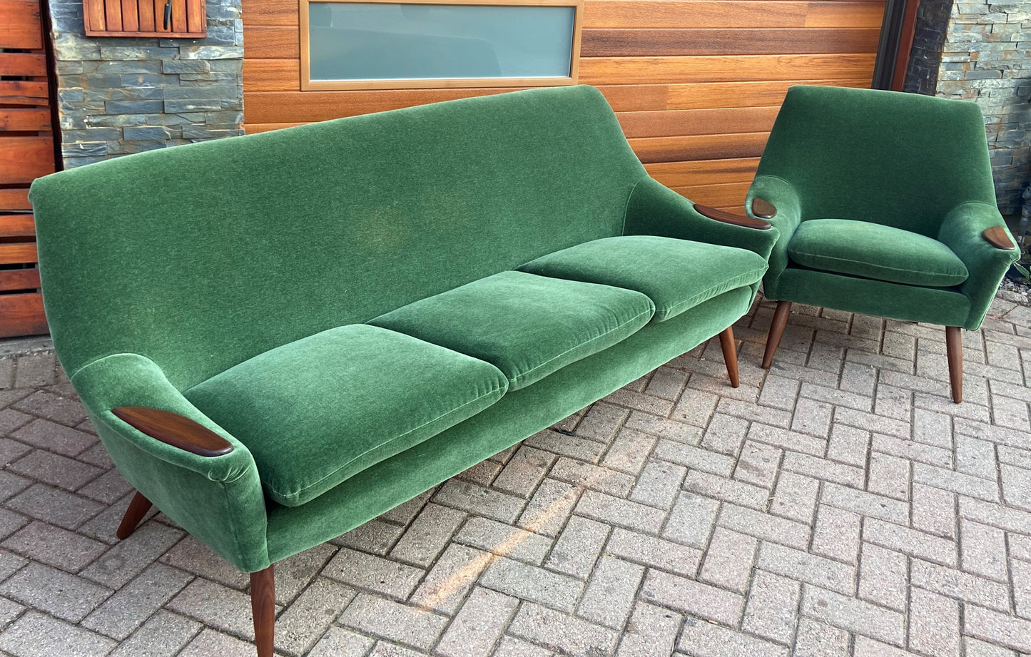 REFINISHED REUPHOLSTERED in wool mohair Danish MCM Teak Sofa & Lounge Chair, PERFECT