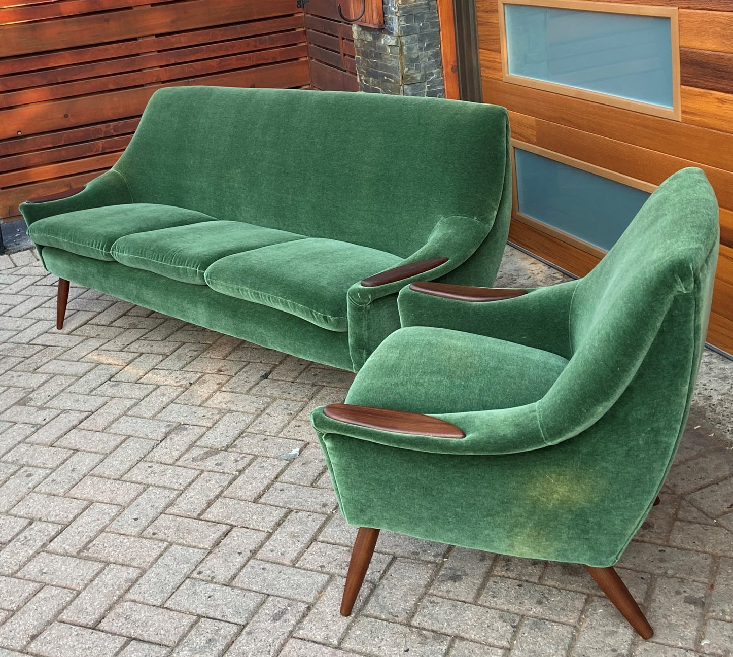 REFINISHED REUPHOLSTERED in wool mohair Danish MCM Teak Sofa & Lounge Chair, PERFECT