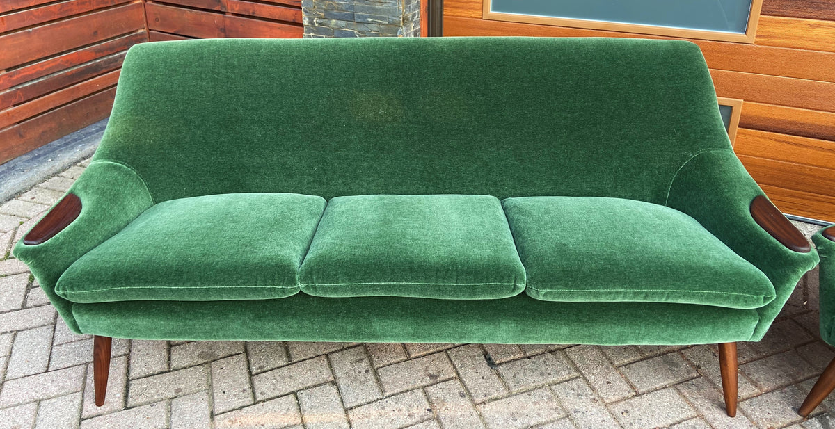 REFINISHED REUPHOLSTERED in wool mohair Danish MCM Teak Sofa & Lounge Chair, PERFECT
