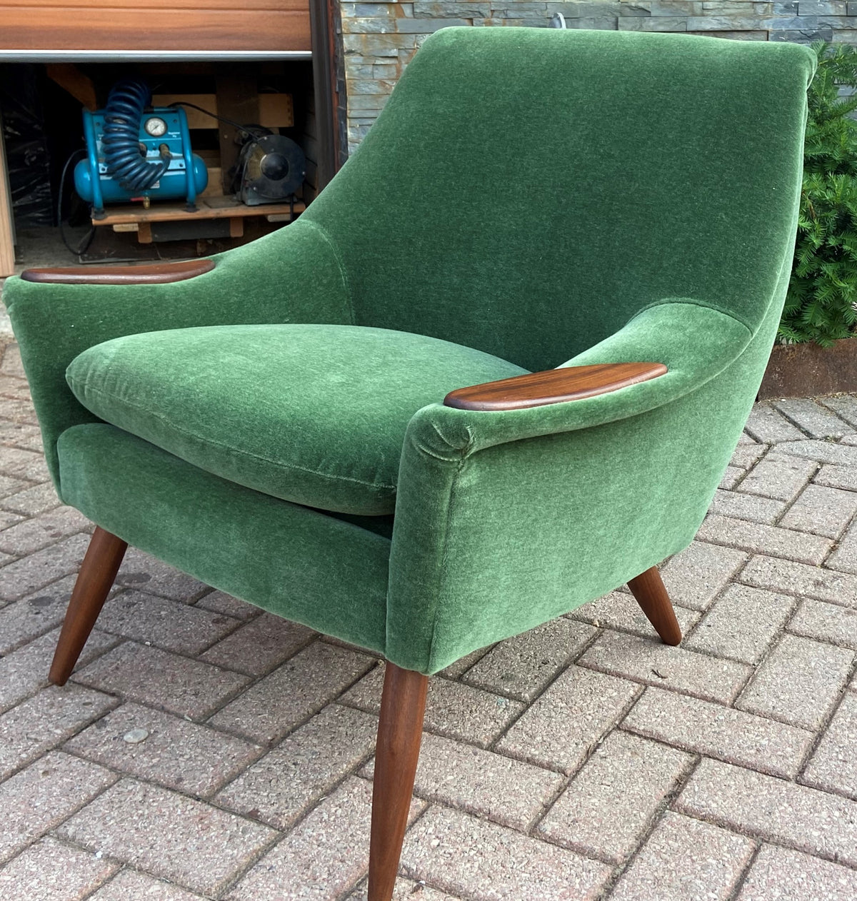 REFINISHED REUPHOLSTERED in wool mohair Danish MCM Teak Sofa & Lounge Chair, PERFECT
