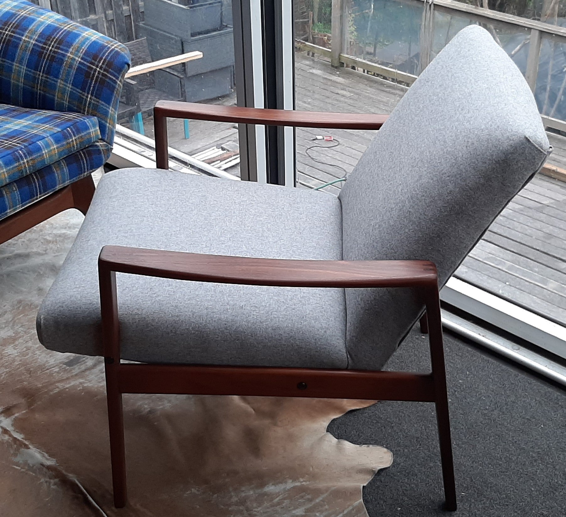 REFINISHED REUPHOLSTERED Danish MCM Teak Lounge Armchair in soft grey wool, PERFECT - Mid Century Modern Toronto