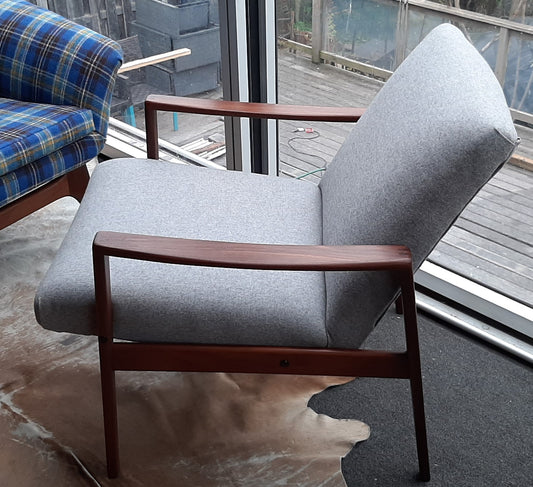 REFINISHED REUPHOLSTERED Danish MCM Teak Lounge Armchair in soft grey wool, PERFECT - Mid Century Modern Toronto