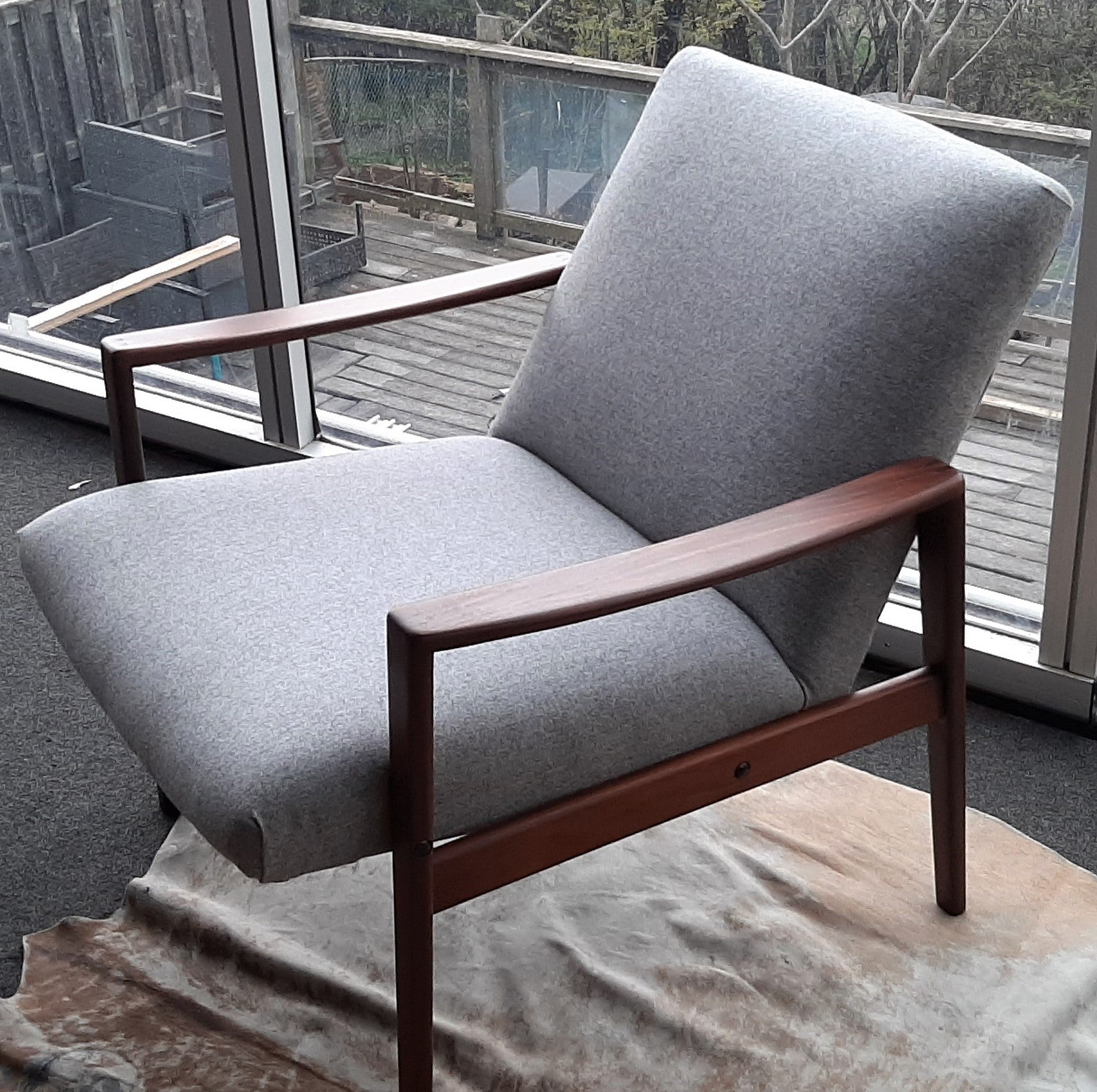 REFINISHED REUPHOLSTERED Danish MCM Teak Lounge Armchair in soft grey wool, PERFECT - Mid Century Modern Toronto