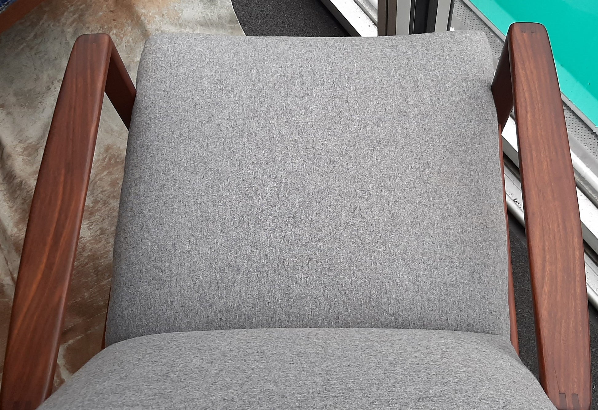 REFINISHED REUPHOLSTERED Danish MCM Teak Lounge Armchair in soft grey wool, PERFECT - Mid Century Modern Toronto