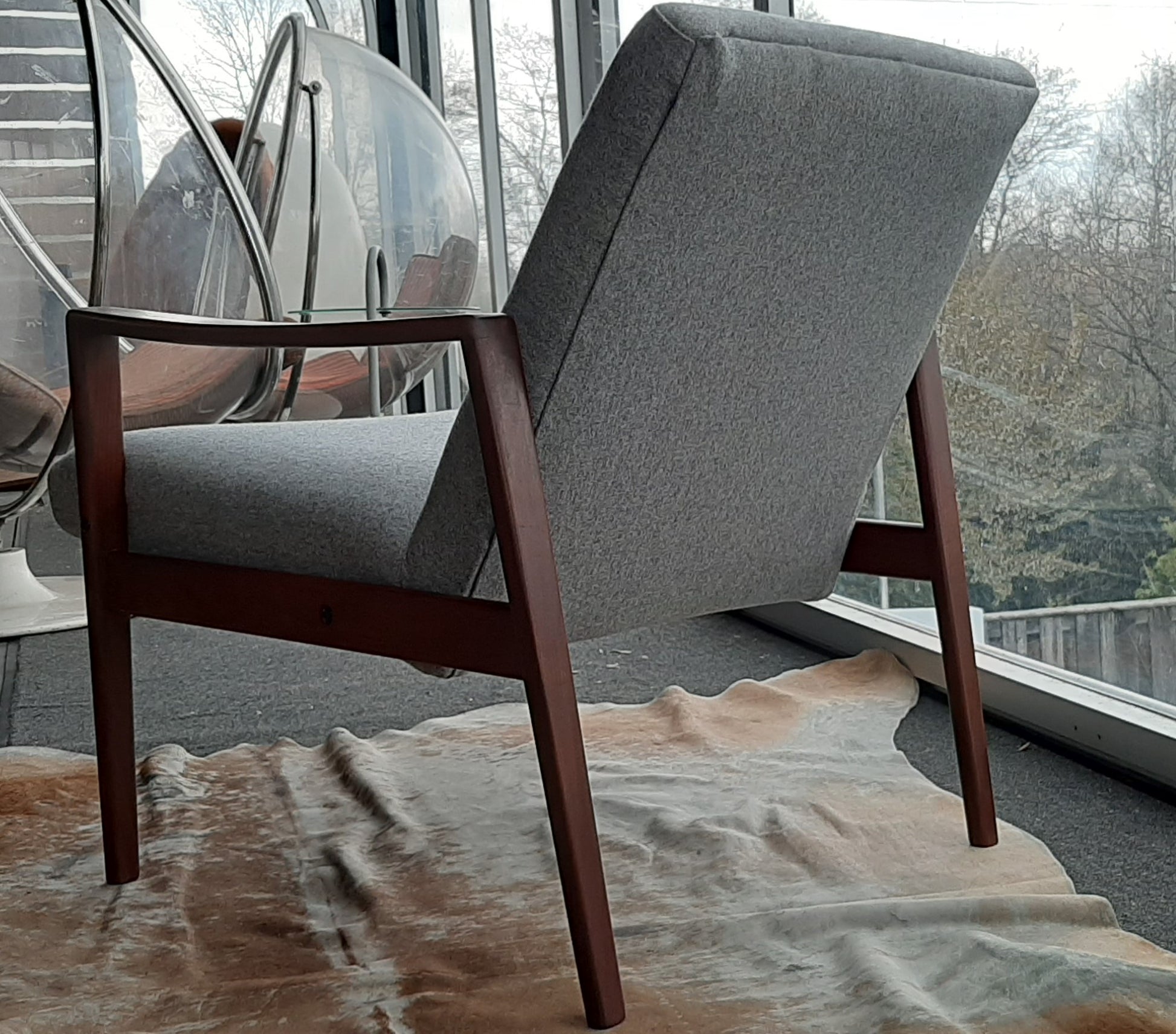 REFINISHED REUPHOLSTERED Danish MCM Teak Lounge Armchair in soft grey wool, PERFECT - Mid Century Modern Toronto