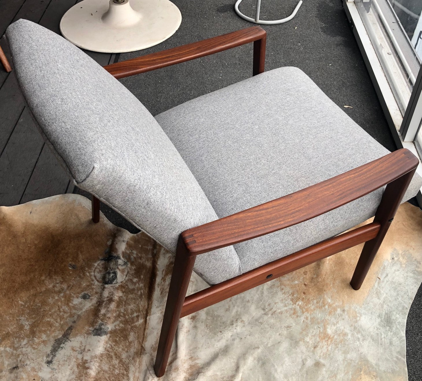REFINISHED REUPHOLSTERED Danish MCM Teak Lounge Armchair in soft grey wool, PERFECT - Mid Century Modern Toronto