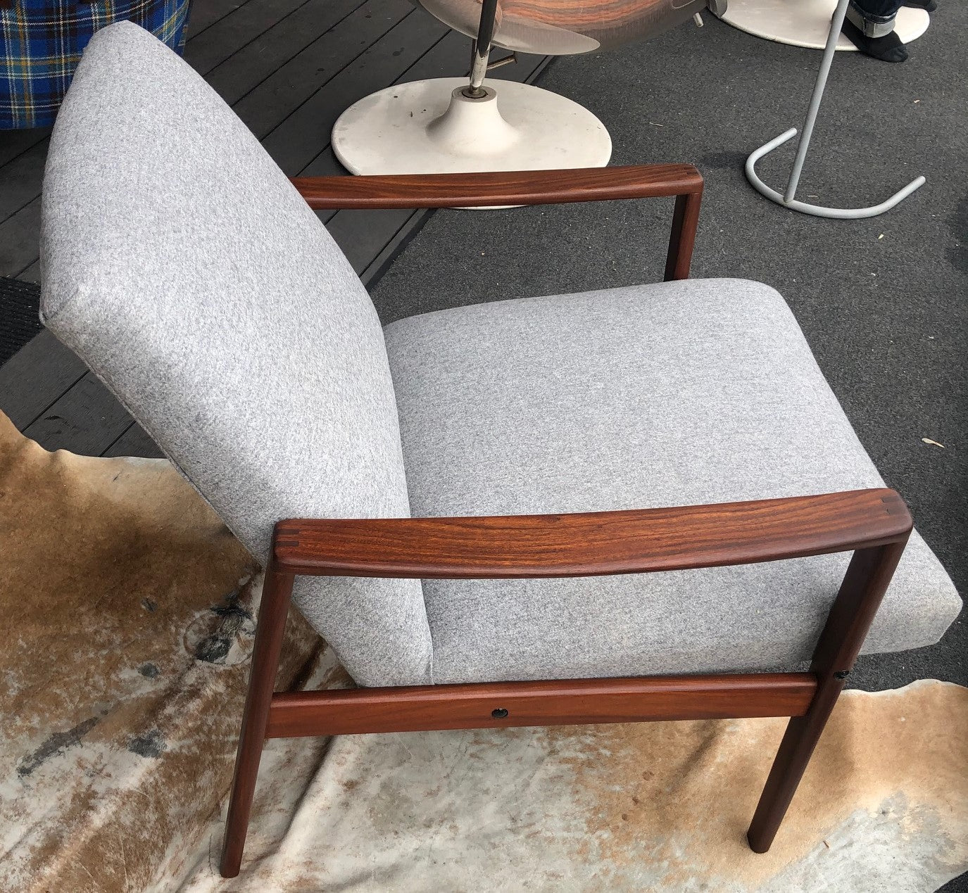 REFINISHED REUPHOLSTERED Danish MCM Teak Lounge Armchair in soft grey wool, PERFECT - Mid Century Modern Toronto