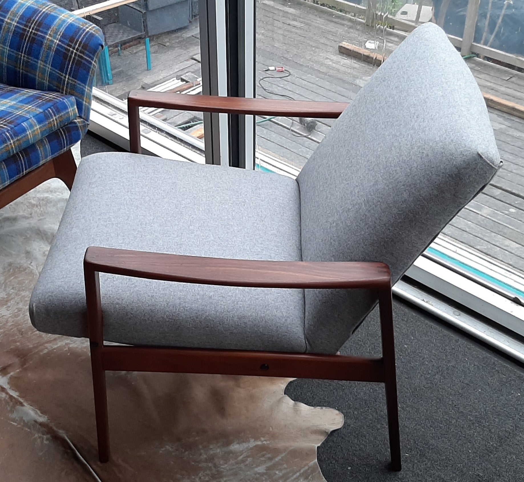 REFINISHED REUPHOLSTERED Danish MCM Teak Lounge Armchair in soft grey wool, PERFECT - Mid Century Modern Toronto