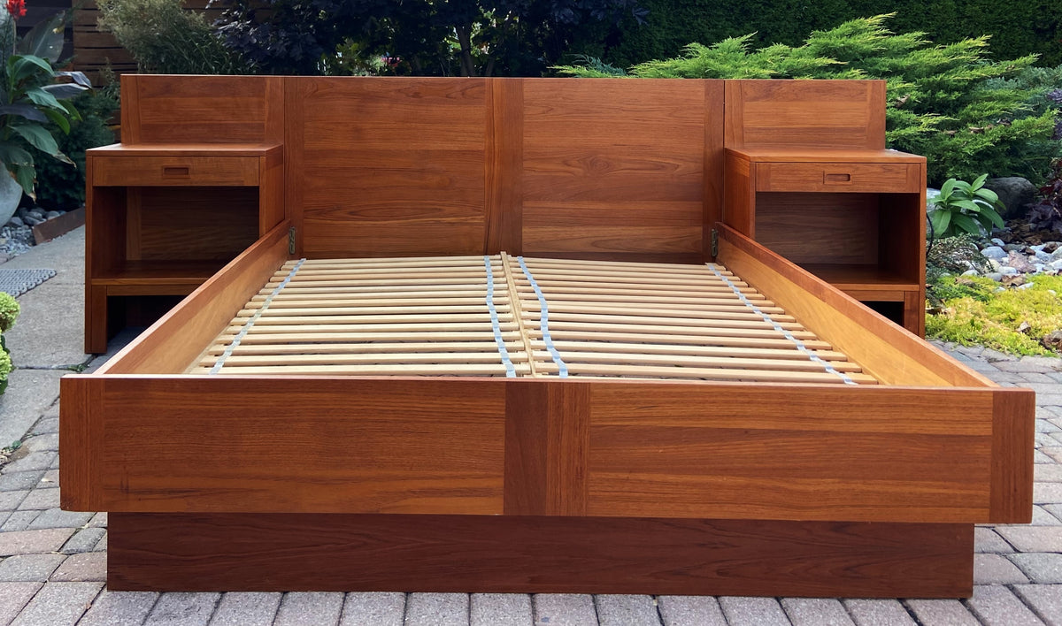 REFINISHED Danish Mid Century Modern Teak Bed Queen w Nightstands by E.Jakobsen SKIVE