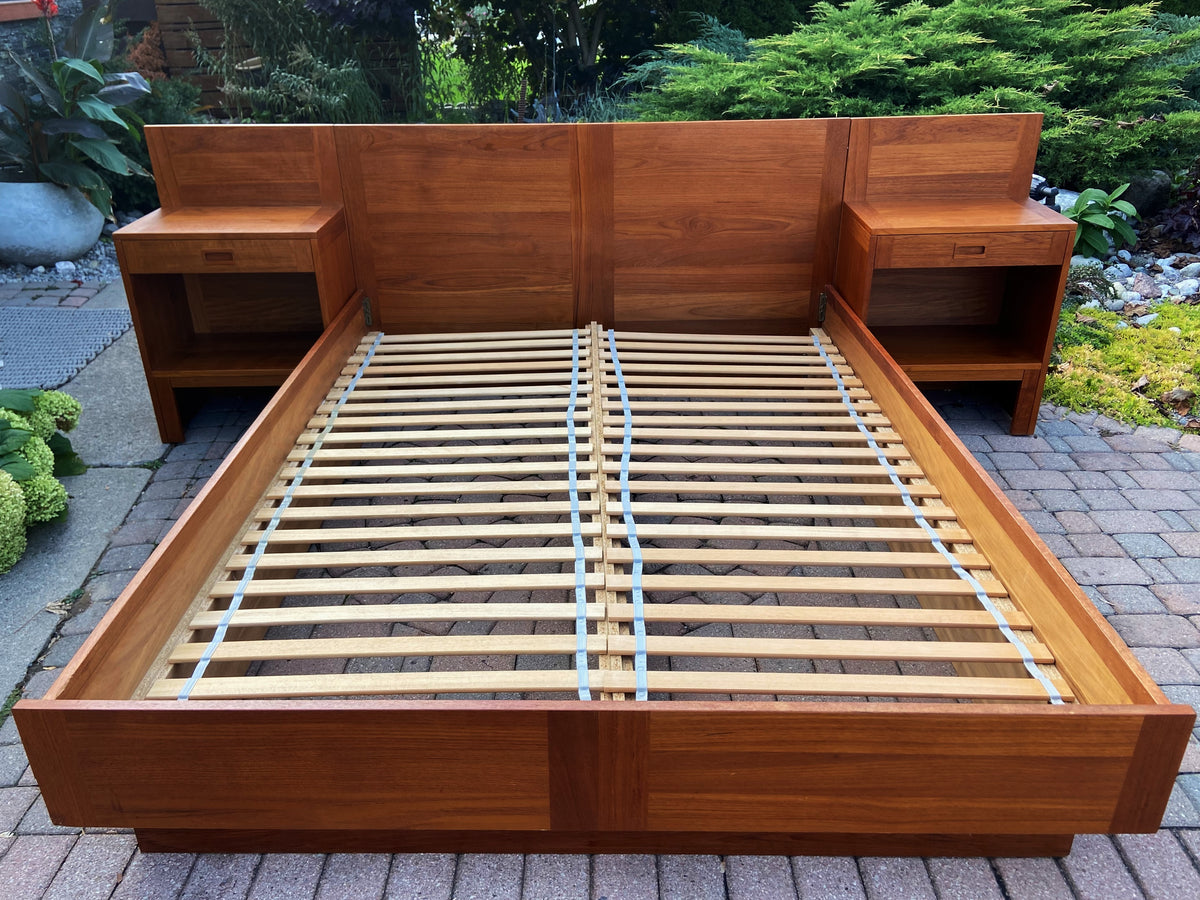 REFINISHED Danish Mid Century Modern Teak Bed Queen w Nightstands by E.Jakobsen SKIVE