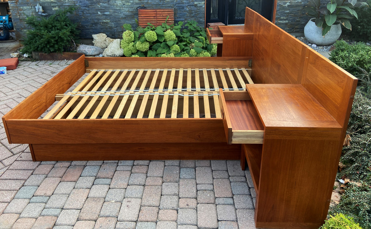 REFINISHED Danish Mid Century Modern Teak Bed Queen w Nightstands by E.Jakobsen SKIVE