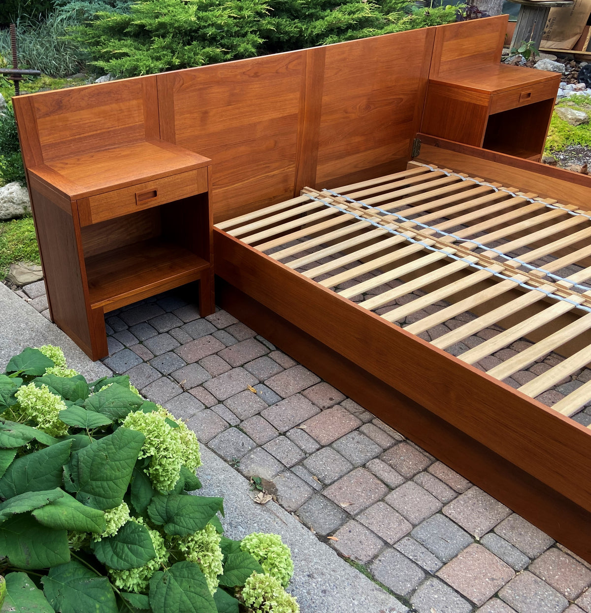 REFINISHED Danish Mid Century Modern Teak Bed Queen w Nightstands by E.Jakobsen SKIVE