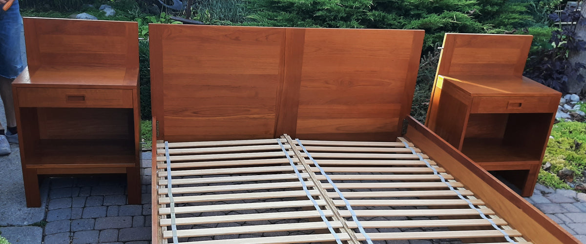 REFINISHED Danish Mid Century Modern Teak Bed Queen w Nightstands by E.Jakobsen SKIVE