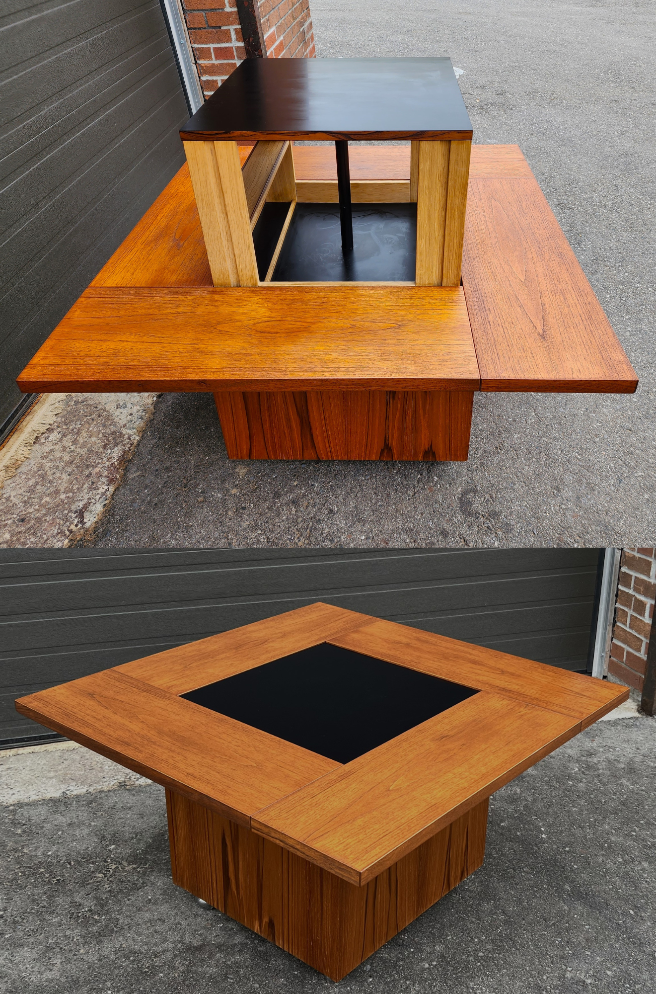 REFINISHED MCM Rolling Teak Coffee Table w Hydraulic Pop-Up Bar by Kai Kristiansen