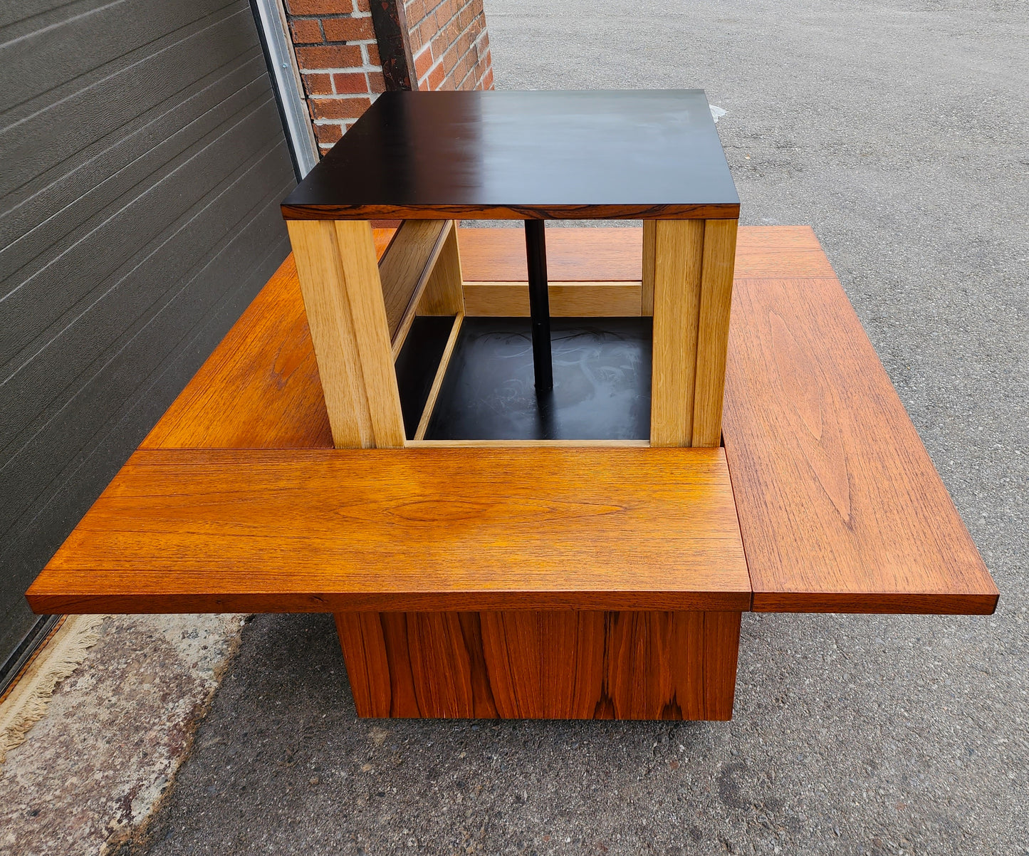 REFINISHED MCM Rolling Teak Coffee Table w Hydraulic Pop-Up Bar by Kai Kristiansen