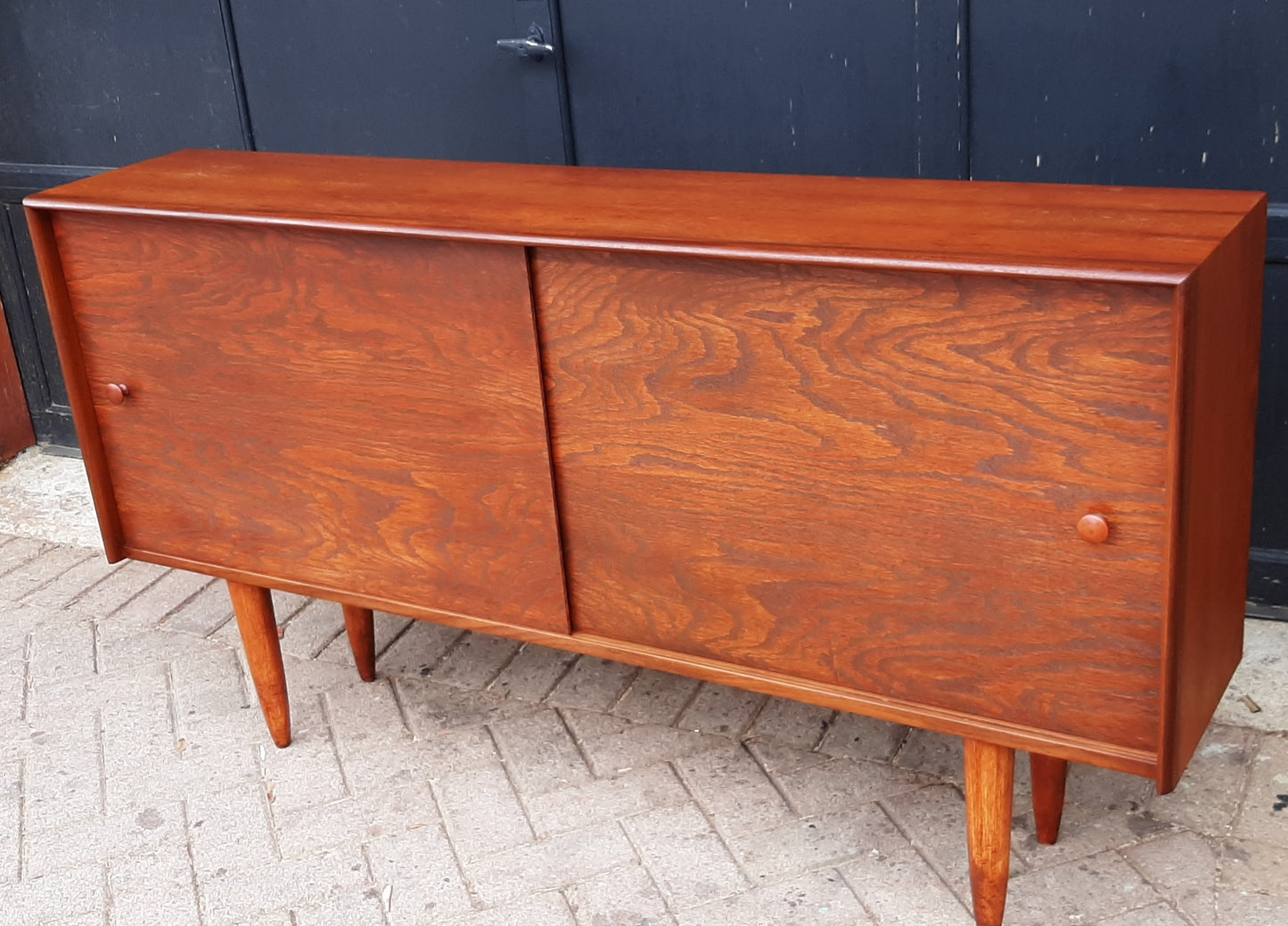 REFINISHED Danish MCM Teak Display 5ft w sliding doors, narrow, PERFECT