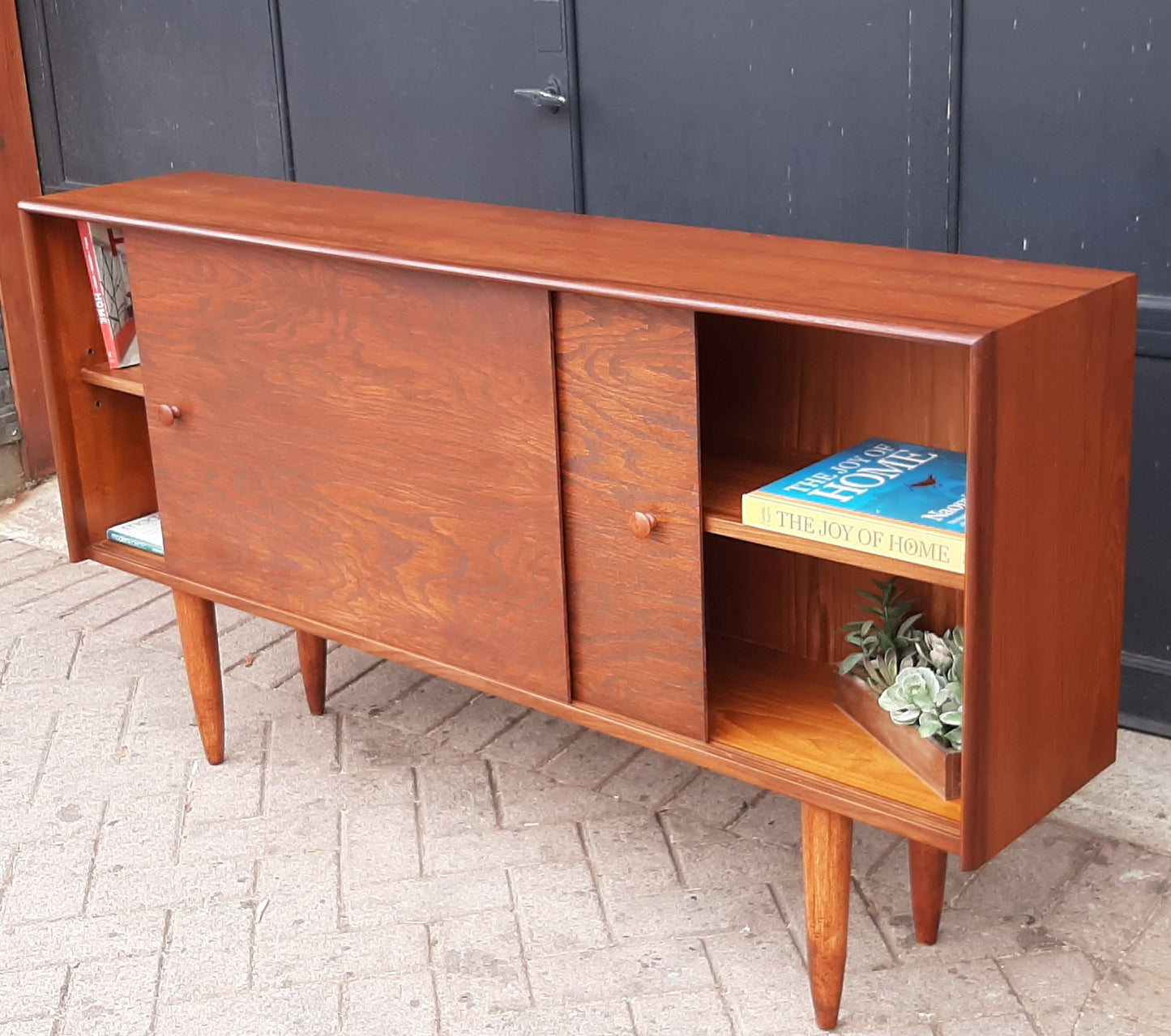 REFINISHED Danish MCM Teak Display 5ft w sliding doors, narrow, PERFECT