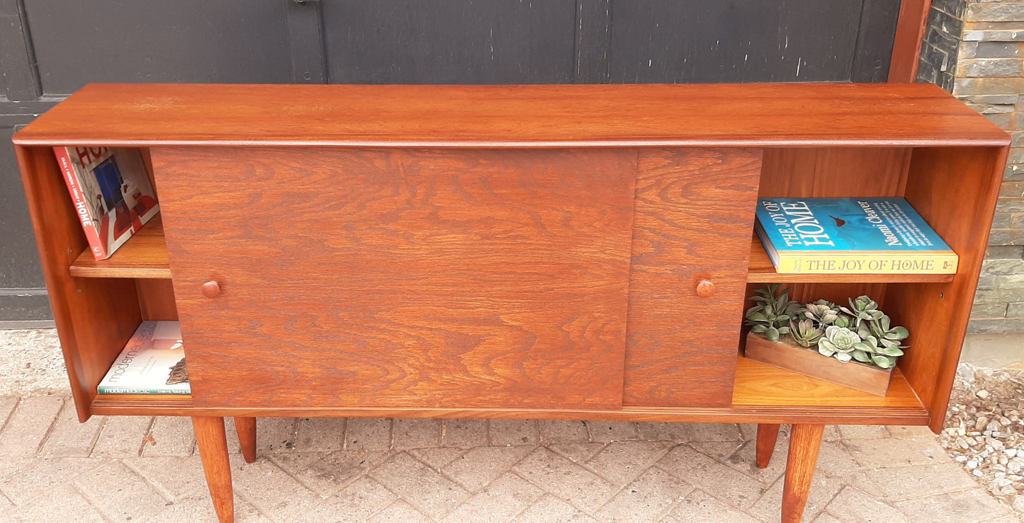 REFINISHED Danish MCM Teak Display 5ft w sliding doors, narrow, PERFECT