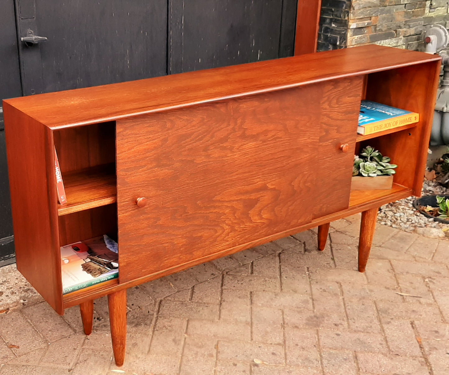 REFINISHED Danish MCM Teak Display 5ft w sliding doors, narrow, PERFECT