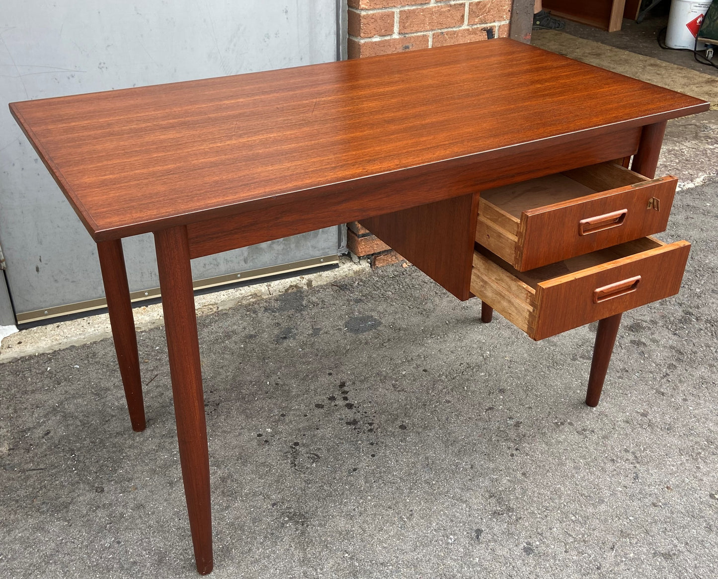 REFINISHED Danish Mid Century Modern Teak Desk Free Standing, Compact