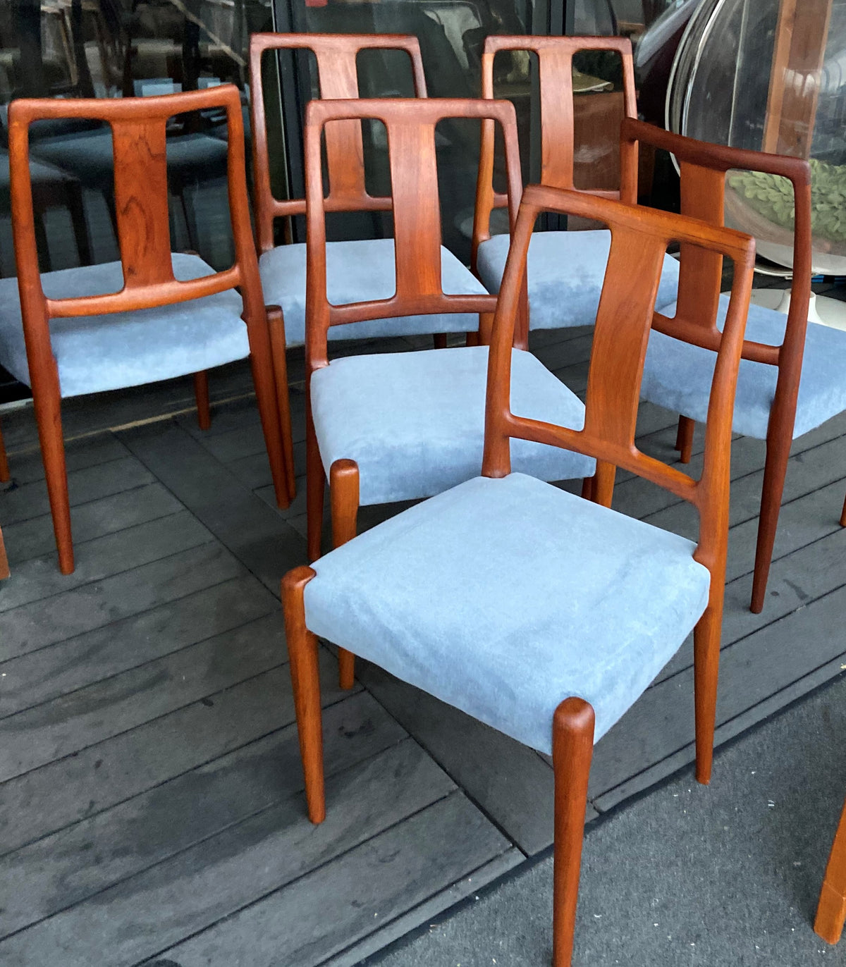 6 REFINISHED Danish MCM teak chairs N. O. Moller style, REUPHOLSTERED in wool mohair, PERFECT