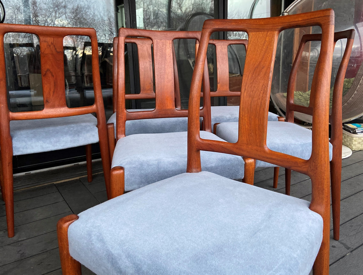 6 REFINISHED Danish MCM teak chairs N. O. Moller style, REUPHOLSTERED in wool mohair, PERFECT
