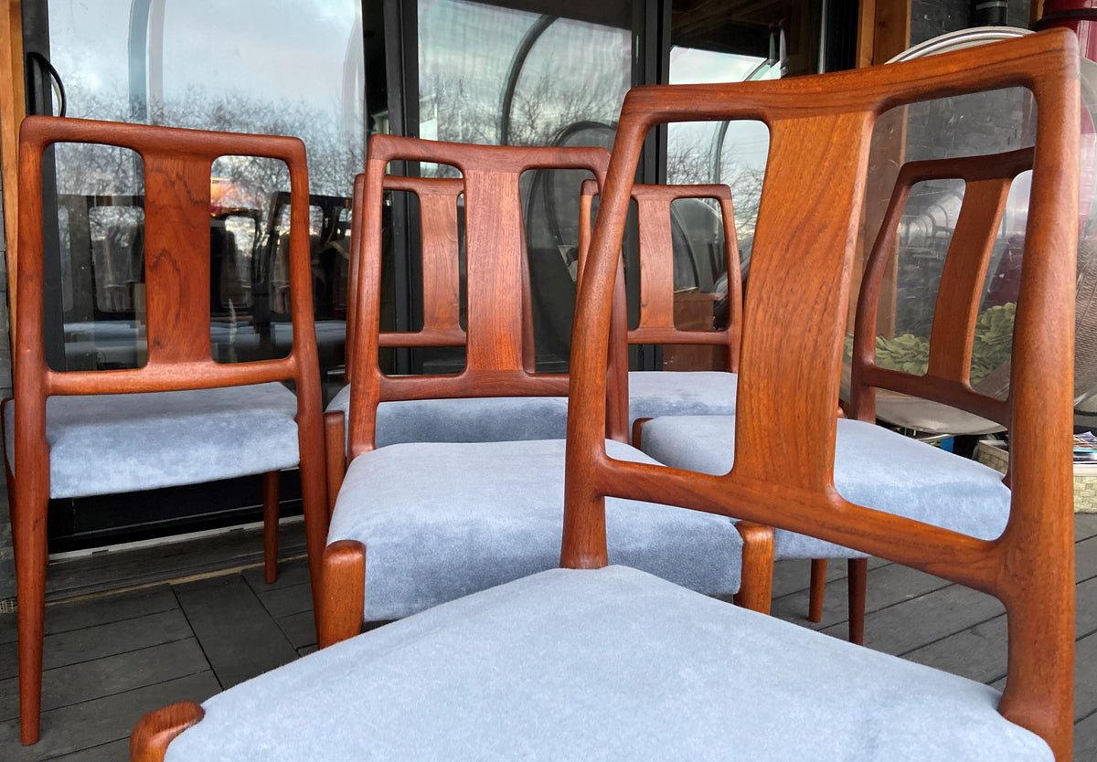 6 REFINISHED Danish MCM teak chairs N. O. Moller style, REUPHOLSTERED in wool mohair, PERFECT