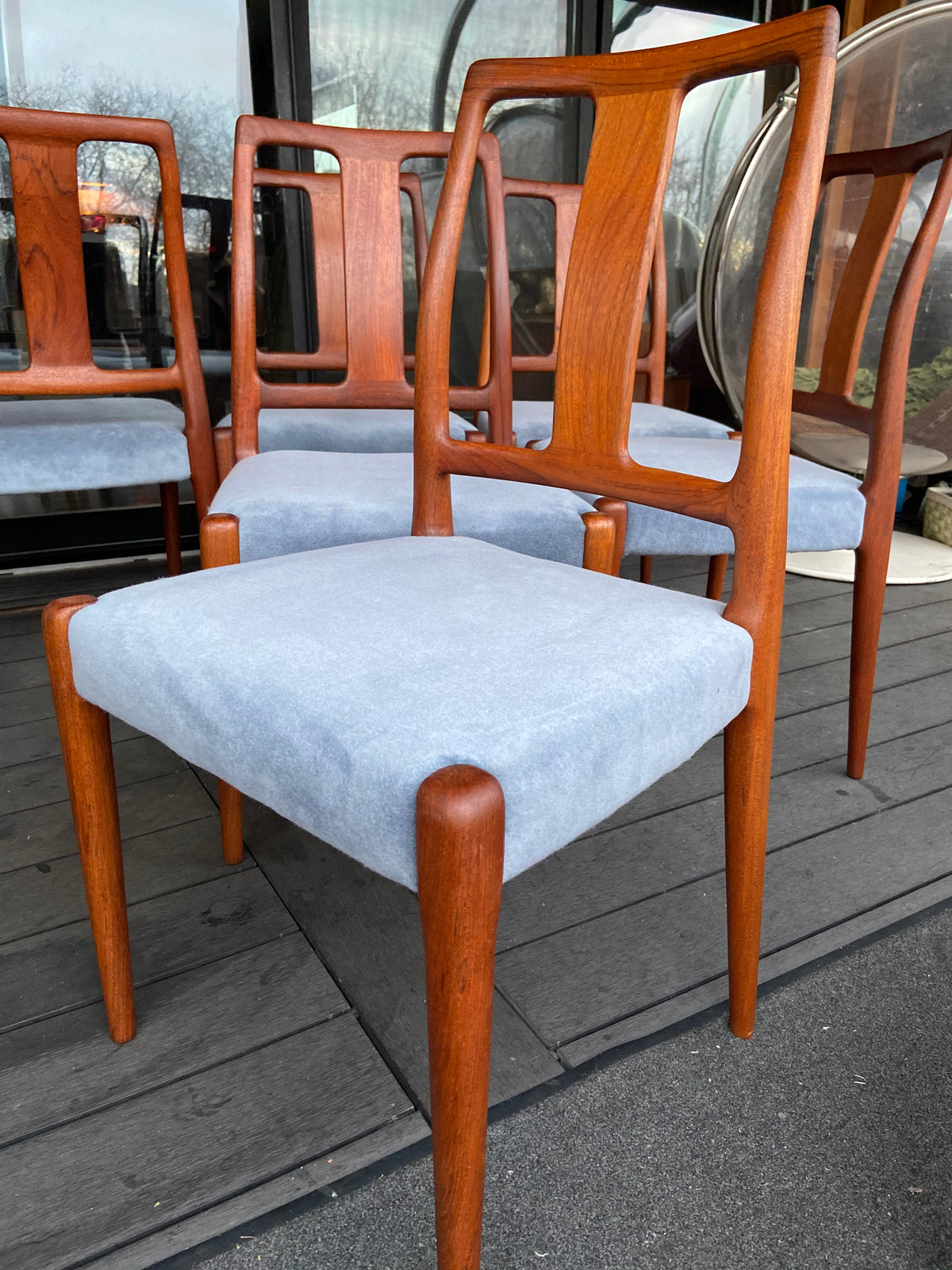 6 REFINISHED Danish MCM teak chairs N. O. Moller style, REUPHOLSTERED in wool mohair, PERFECT