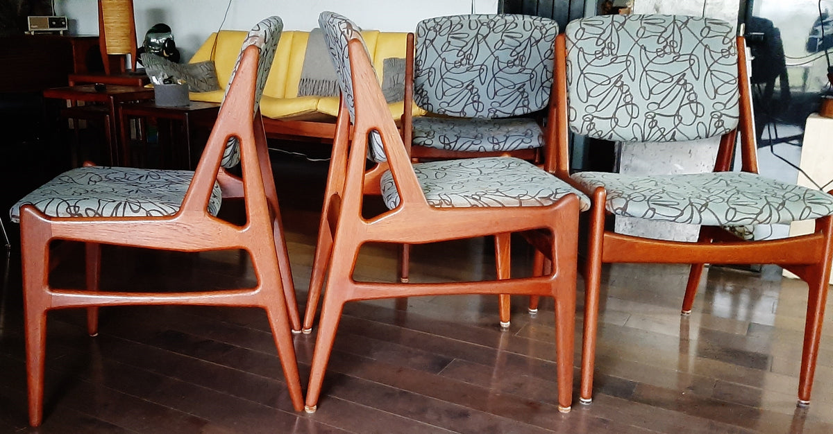 4 RESTORED REUPHOLSTERED in Maharam fabric Danish MCM Teak Chairs by Arne Vodder