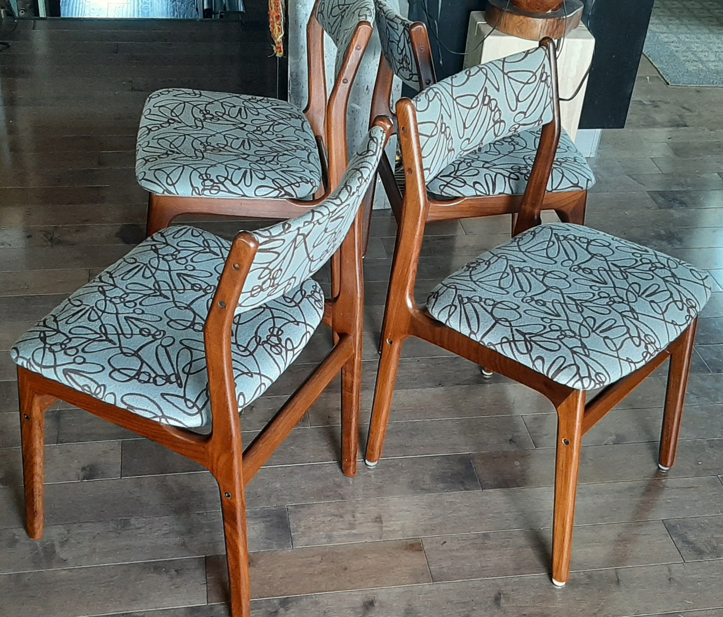 4 REFINISHED Danish MCM Teak Dining Chairs, ready for new upholstery