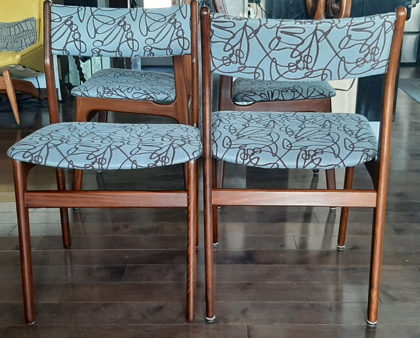 4 REFINISHED Danish MCM Teak Dining Chairs, ready for new upholstery