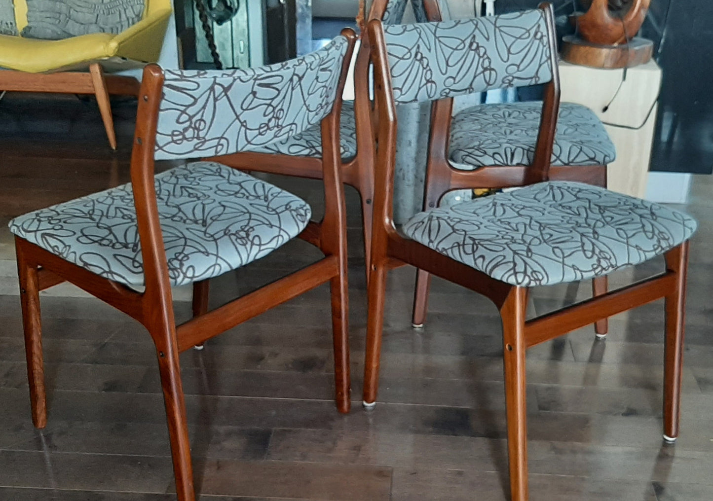 4 REFINISHED Danish MCM Teak Dining Chairs, ready for new upholstery