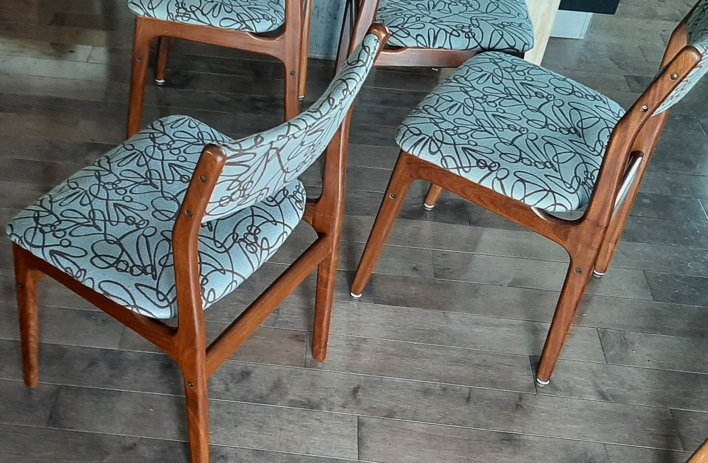 4 REFINISHED Danish MCM Teak Dining Chairs, ready for new upholstery