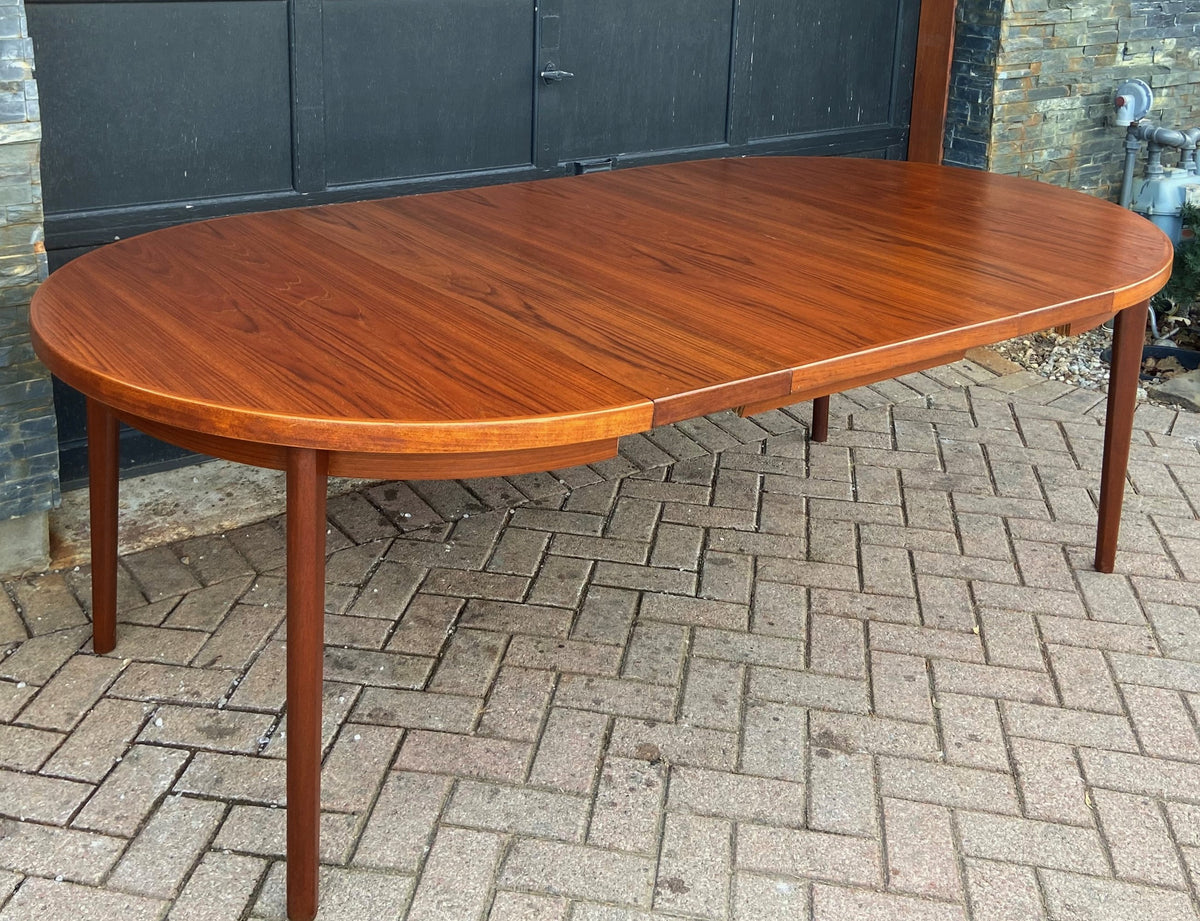 REFINISHED Danish MCM Teak Table Round to Oval w 2 Leaves 47