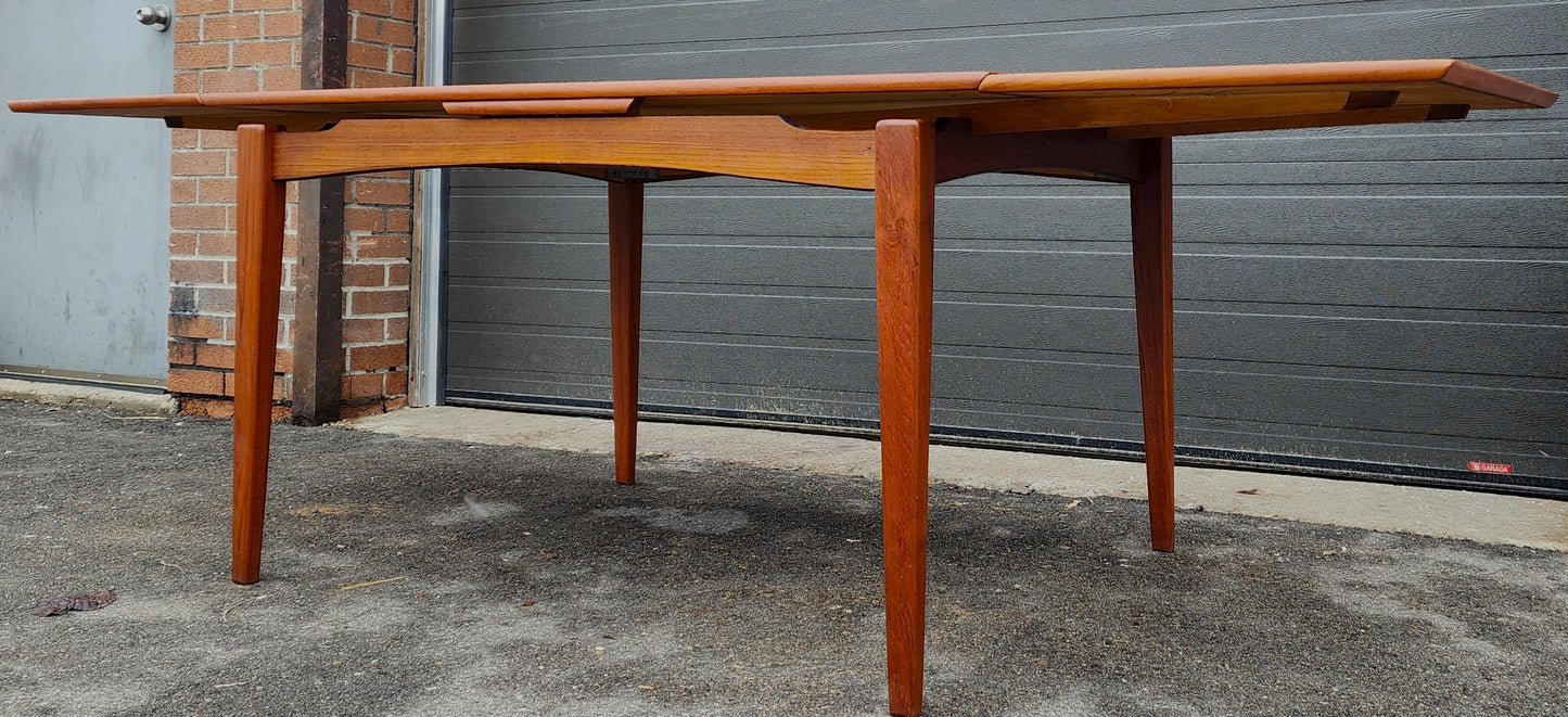 REFINISHED Danish Mid Century Modern Teak Table Draw Leaf, Floating Look 52"-91"