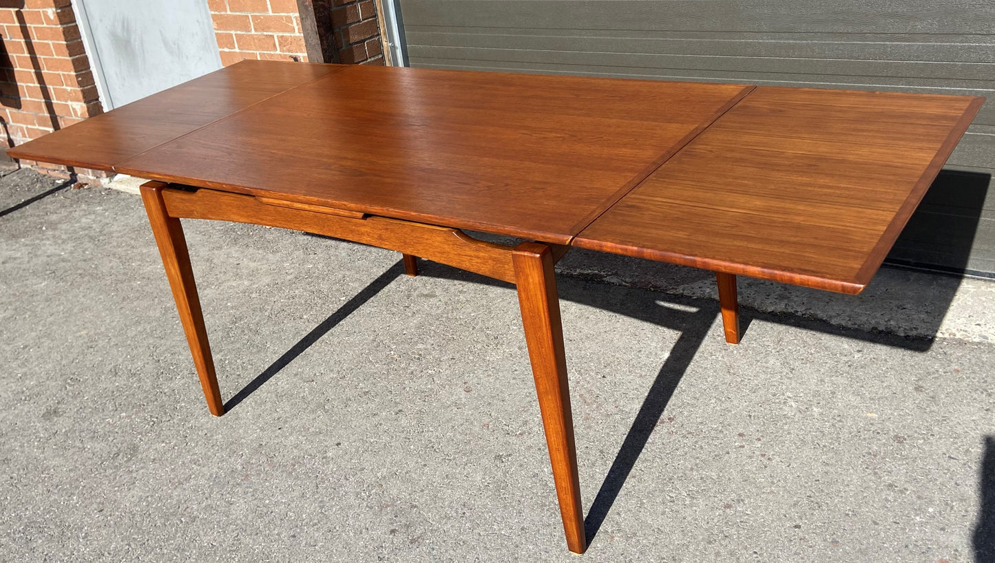 REFINISHED Danish Mid Century Modern Teak Table Draw Leaf, 52"-90"