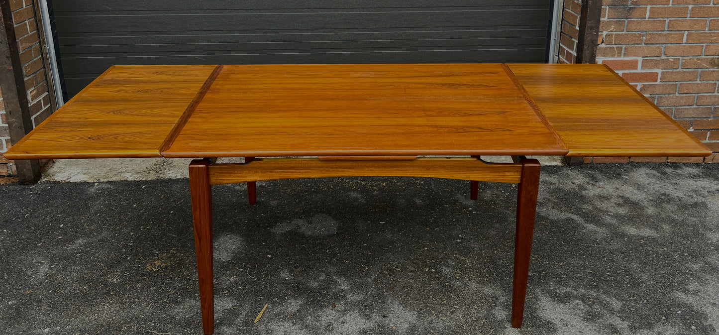 REFINISHED Danish Mid Century Modern Teak Table Draw Leaf, Floating Look 52"-91"