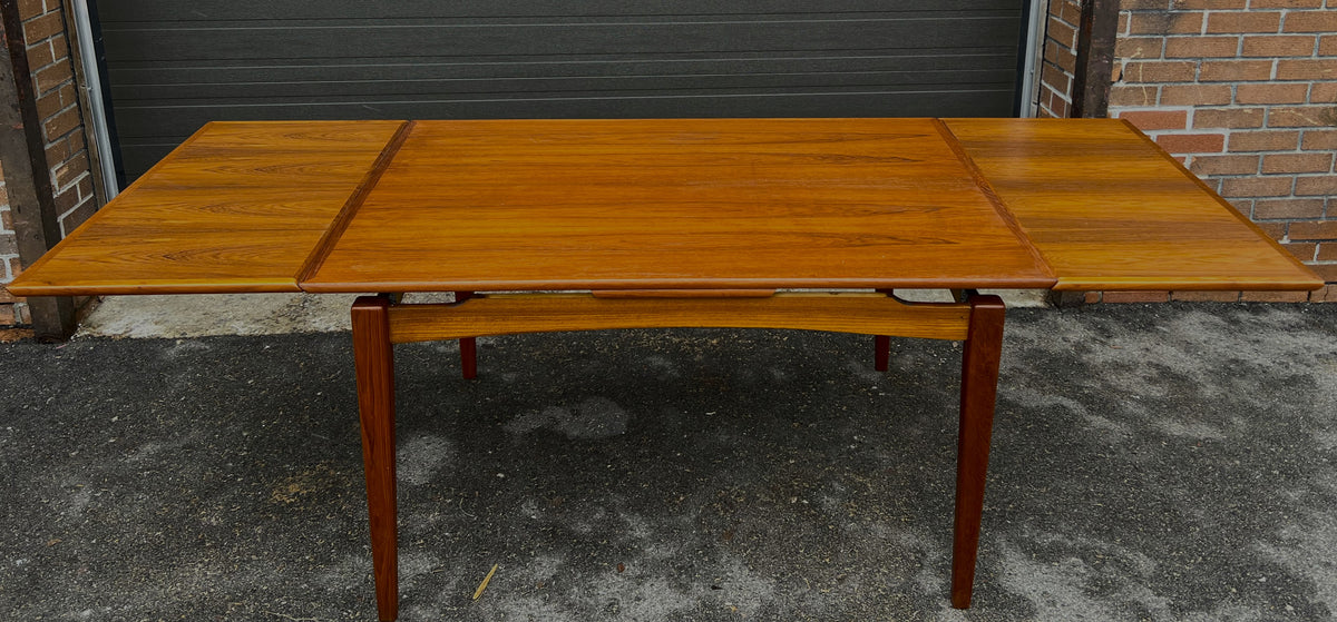 REFINISHED Danish Mid Century Modern Teak Table Draw Leaf, Floating Look 52