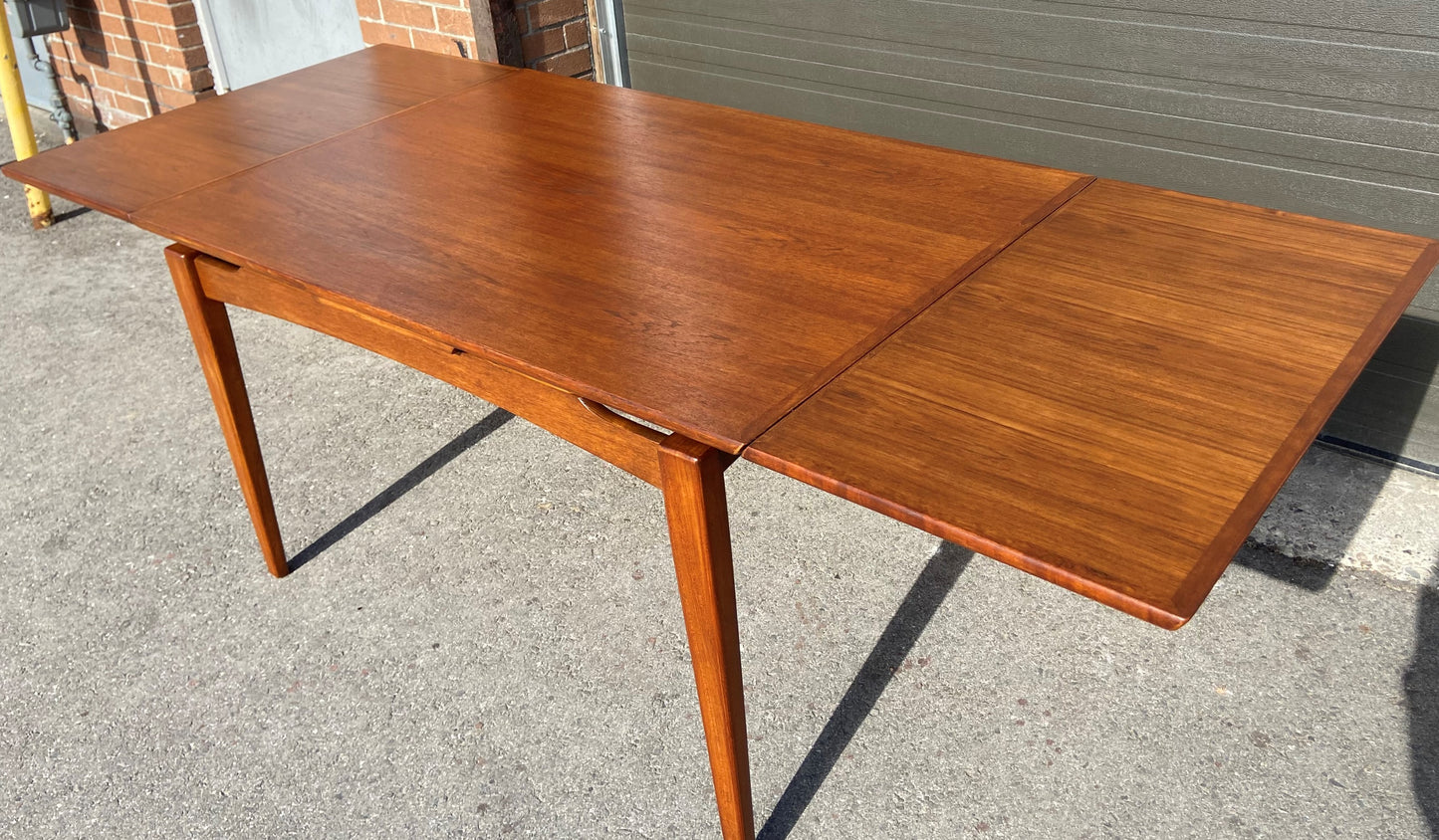 REFINISHED Danish Mid Century Modern Teak Table Draw Leaf, 52"-90"