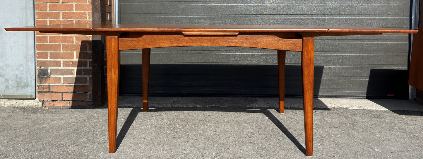 REFINISHED Danish Mid Century Modern Teak Table Draw Leaf, 52"-90"