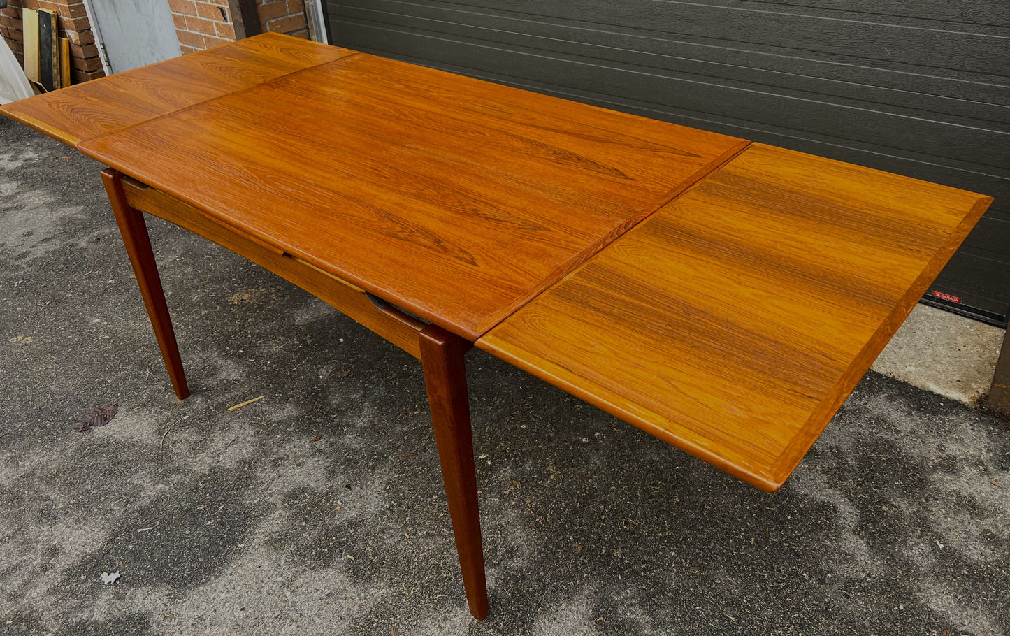 REFINISHED Danish Mid Century Modern Teak Table Draw Leaf, Floating Look 52"-91"