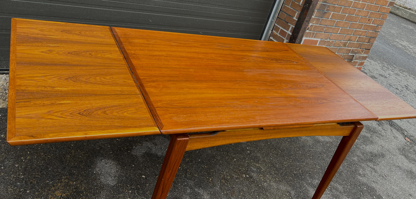 REFINISHED Danish Mid Century Modern Teak Table Draw Leaf, Floating Look 52"-91"