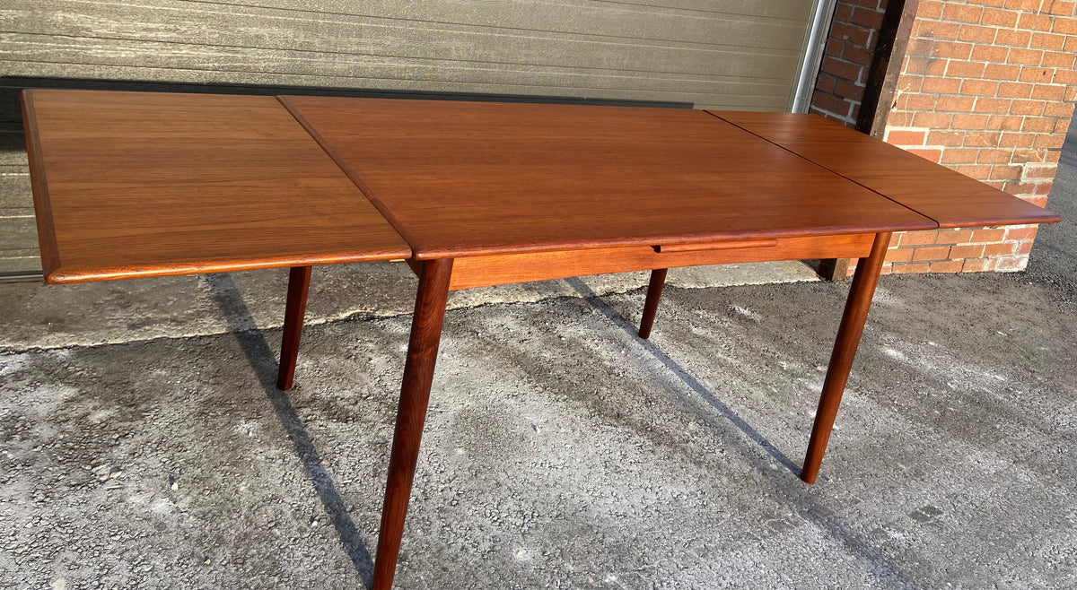 REFINISHED Danish Mid Century Modern Teak Table Draw Leaf, 51