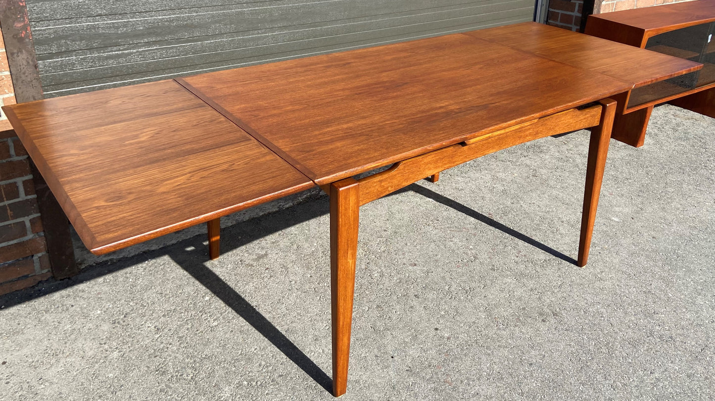 REFINISHED Danish Mid Century Modern Teak Table Draw Leaf, 52"-90"