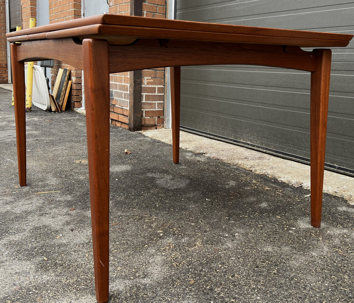 REFINISHED Danish Mid Century Modern Teak Table Draw Leaf, Floating Look 52