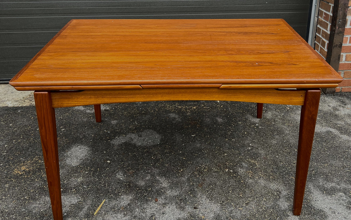 REFINISHED Danish Mid Century Modern Teak Table Draw Leaf, Floating Look 52