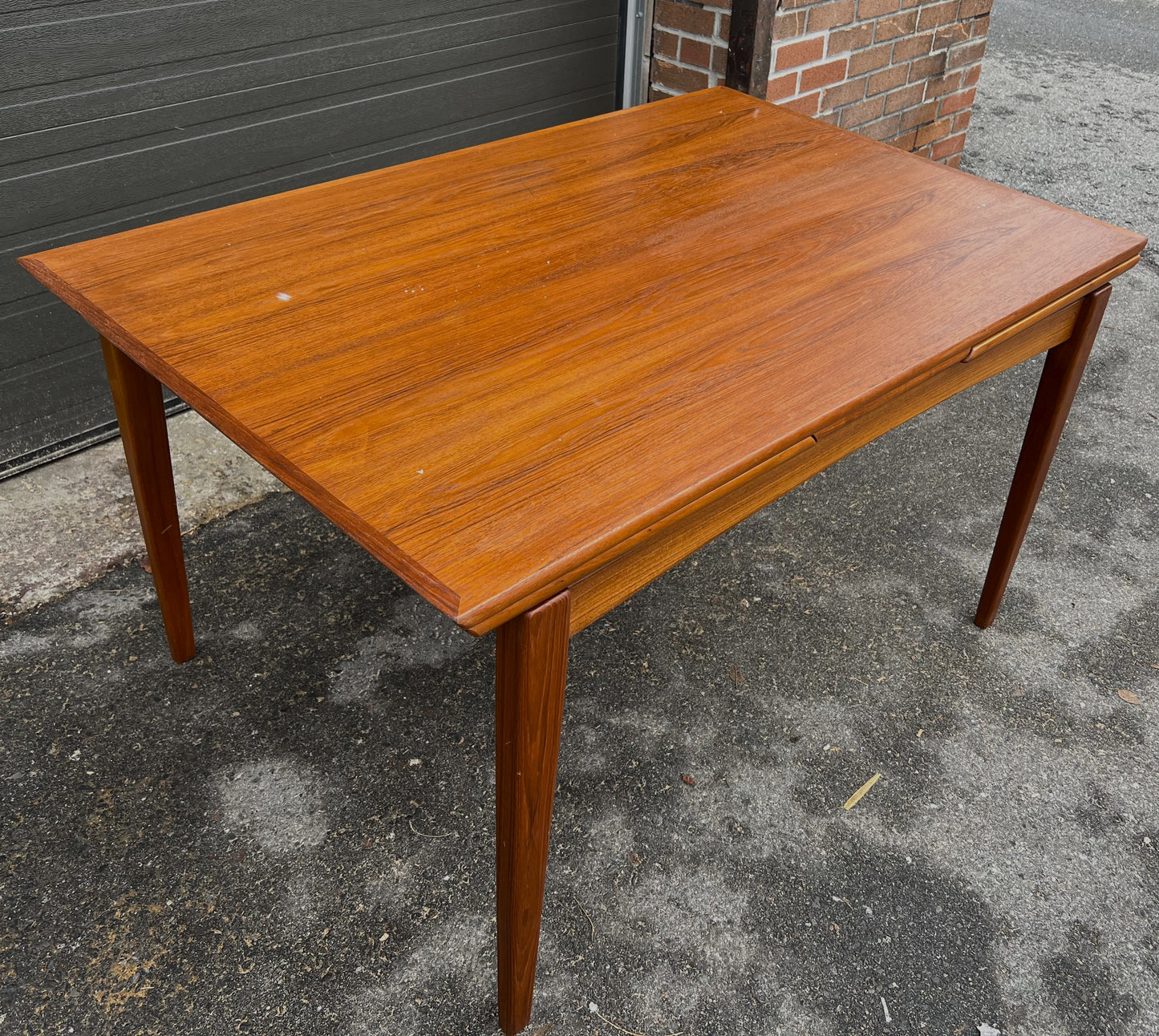 REFINISHED Danish Mid Century Modern Teak Table Draw Leaf, Floating Look 52"-91"